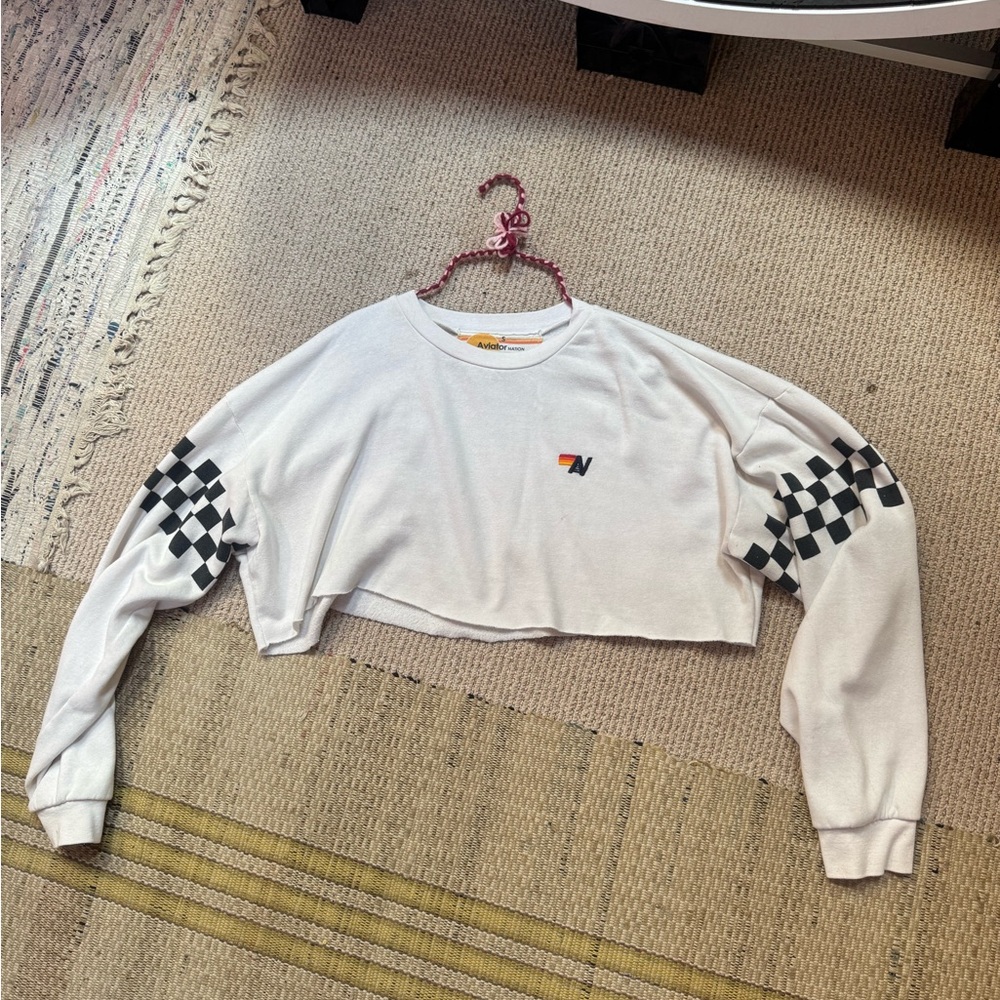Aviatior nation cropped white checkered crewneck. size small